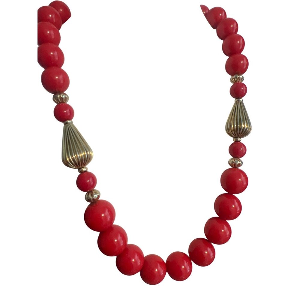 Vintage 80s Red Acrylic Bead Necklace Gold Textured Accents Made In Korea 30"